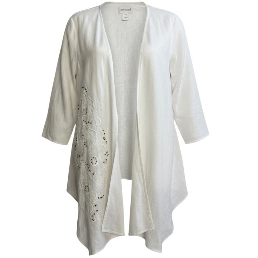 Peck & Peck Linen Kimono Cardigan Womens XL White Embroidered Beaded Boho Summer